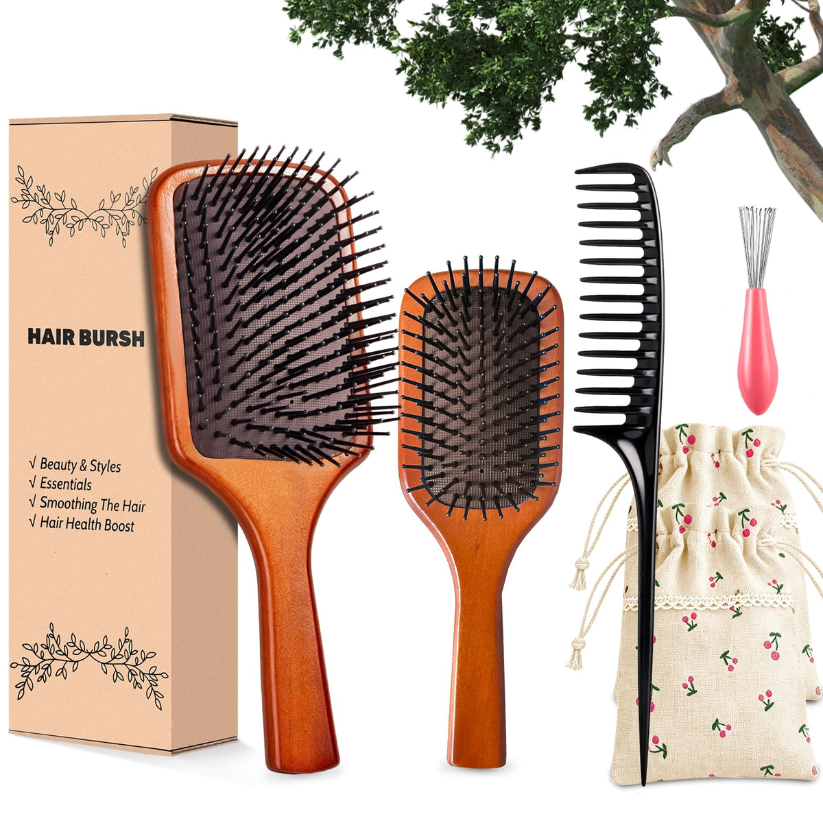 Wooden Hair Brush –Detangling Air Cushion Paddle, Anti-Static, Reduces Breakage, for Curly & Straight Hair, Wet & Dry Use for Women Men All Hair Types