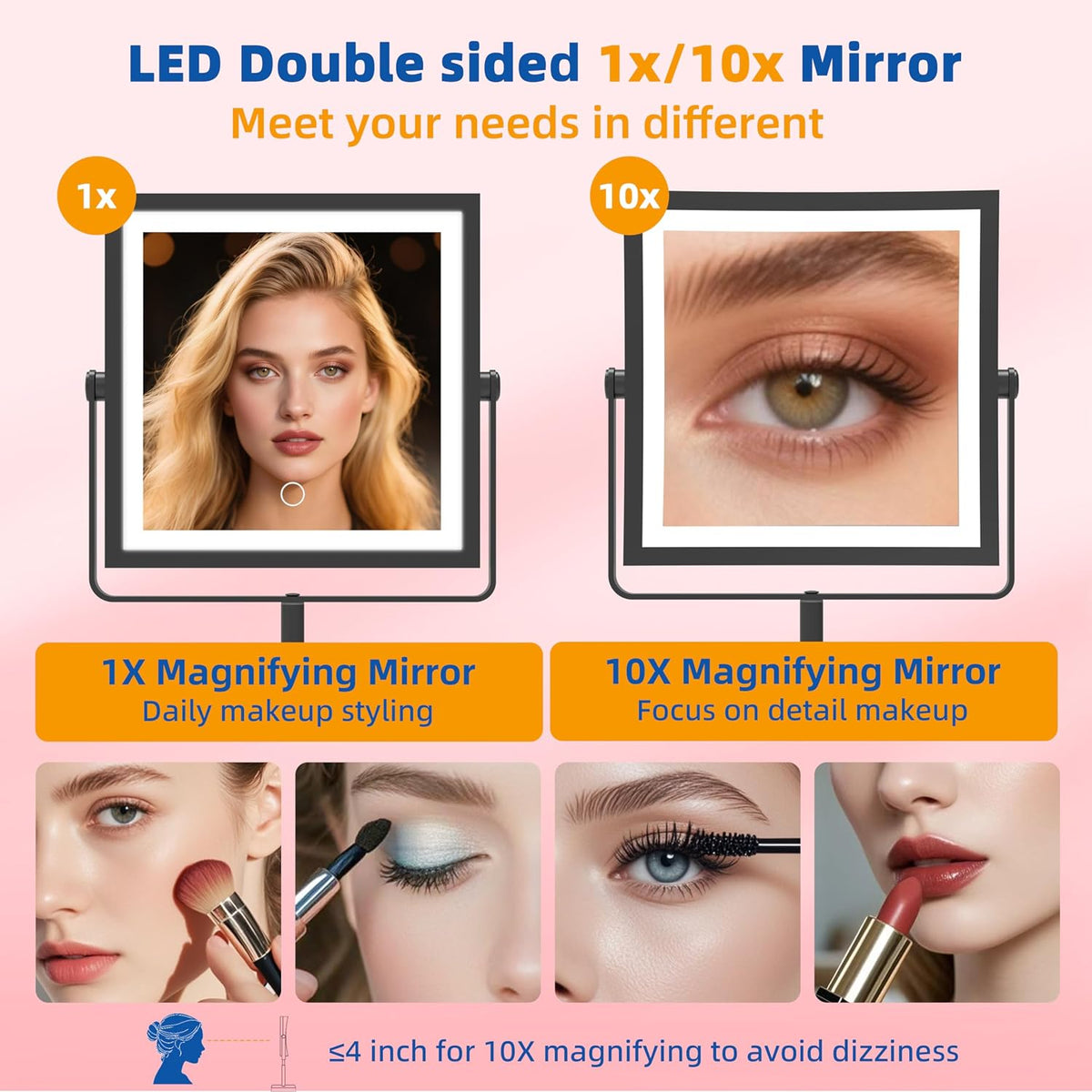 Ruacq Makeup Mirror with Lights 1X/10X Height Adjustable Matte Black | 8",4000mAh Rechargeable,Dual Sided Magnifying Vanity Mirror,3 Color Lights,Adjustable Brightness,Square,Gift for Women