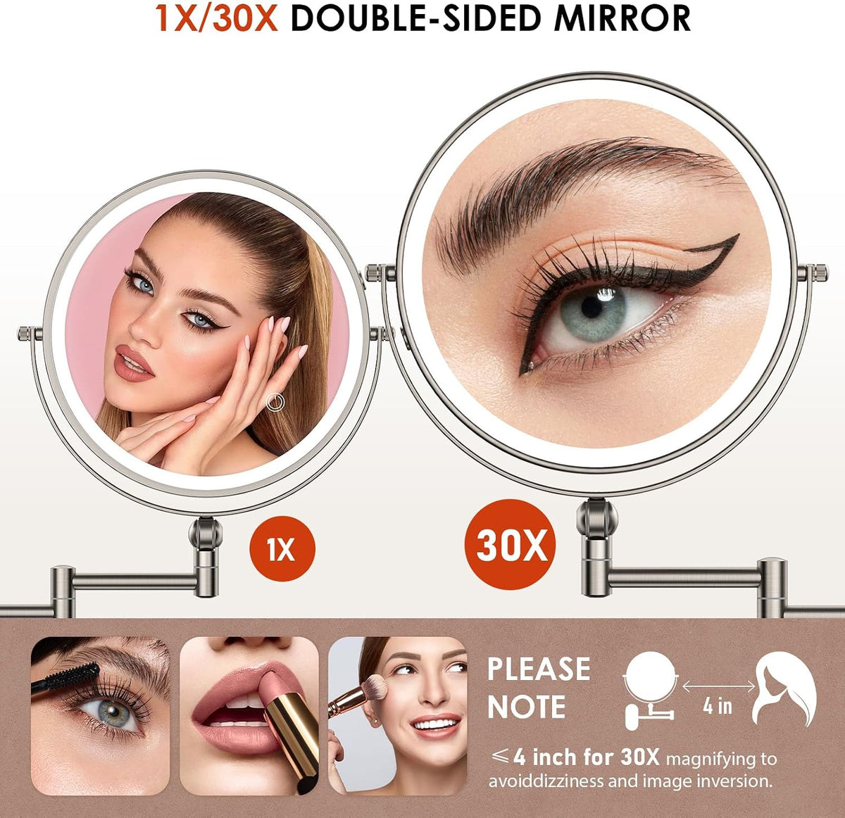 ZLOKLA 9" Wall Mounted Lighted Makeup Mirror,4000mAh Rechargeable Double Sided 1X/30X Magnifying Mirror with Light,Touch Dimmable,Extended Arm 360 Rotation Wall Mounted Makeup Mirror 3 Color Lights-N