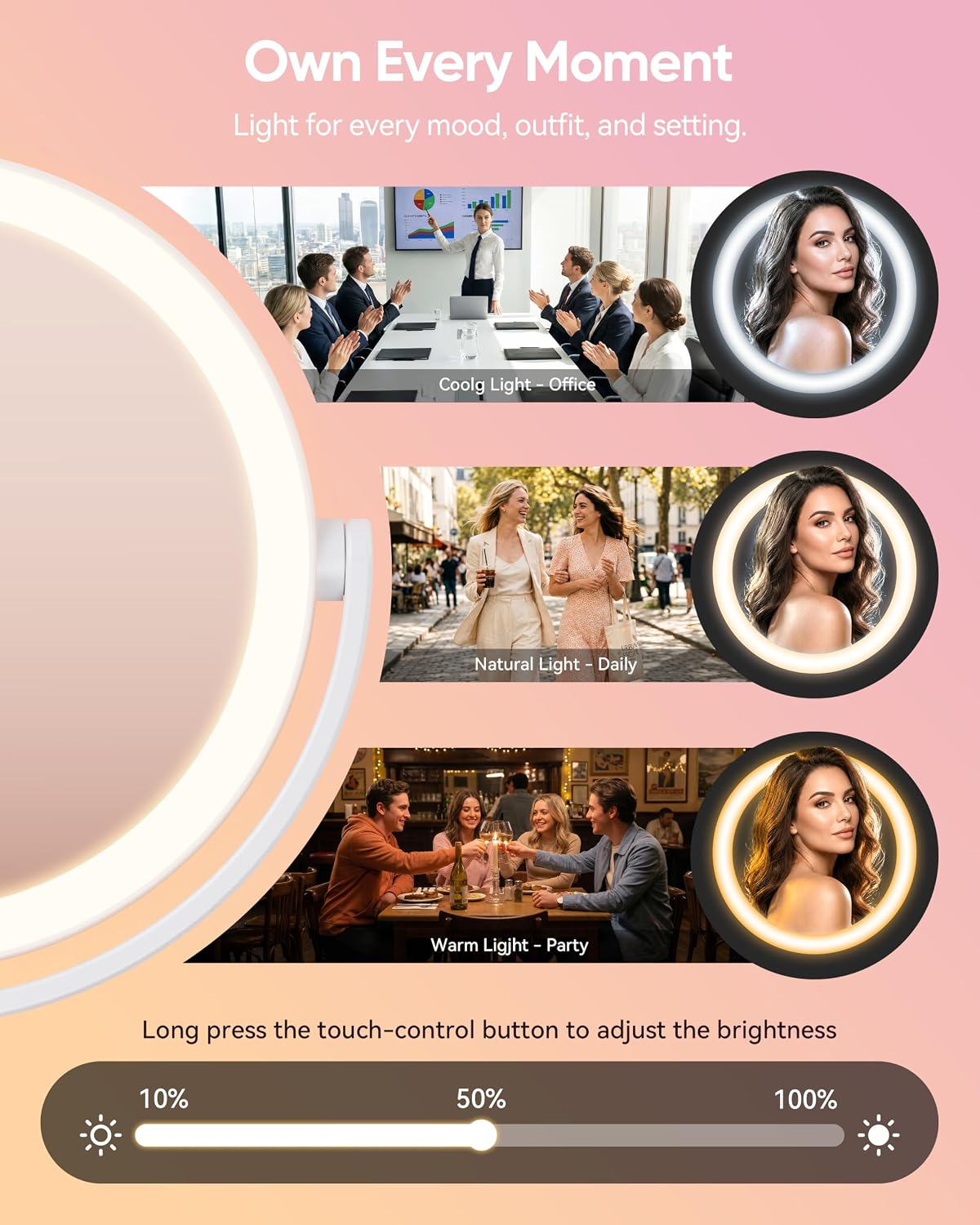 Makeup Mirror with Lights - 1X/30X Magnifying Double Sided Mirror | 3 Color Lighting & Stepless Dimming, 2000mAh Rechargeable, Foldable Portable, 7 Inches