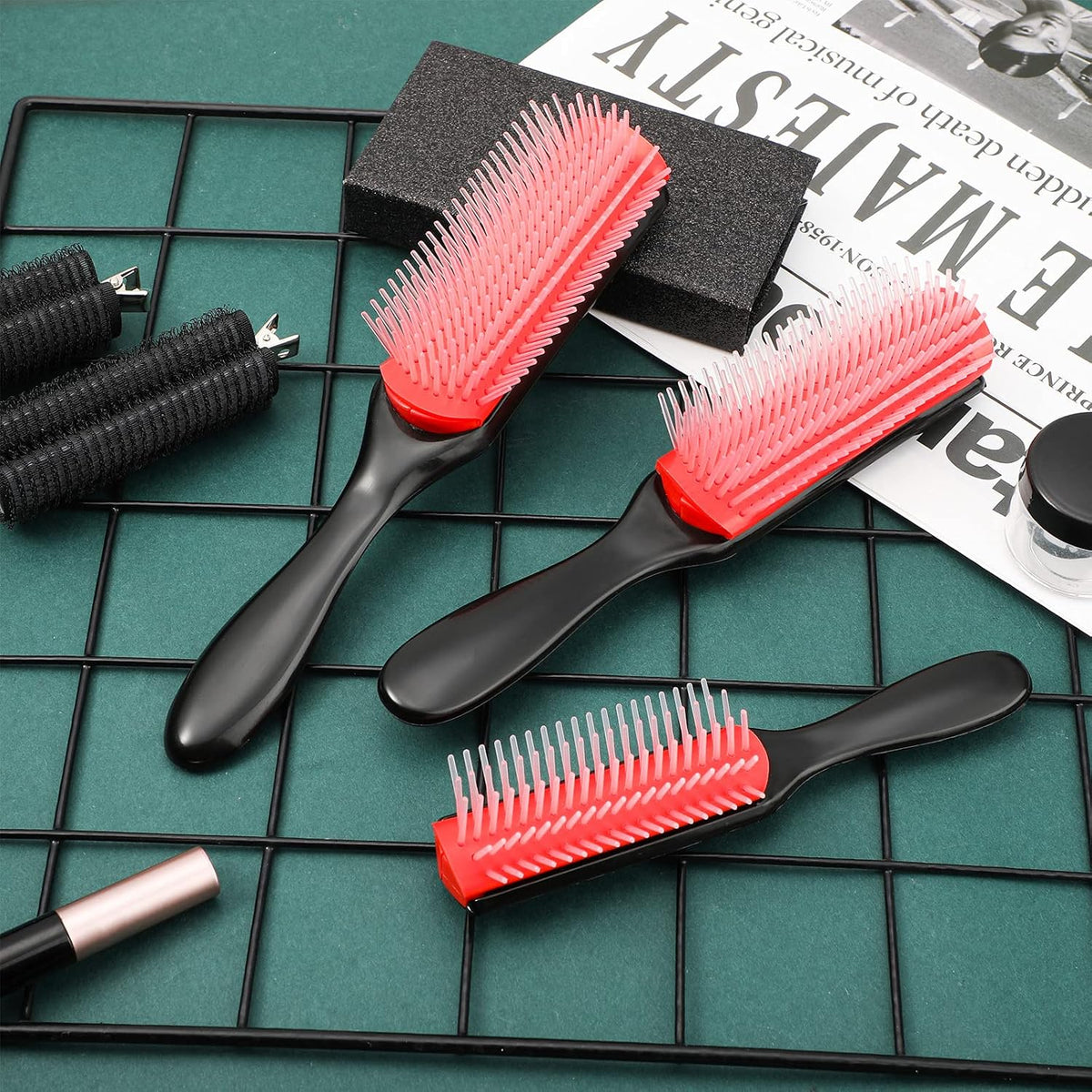 Patelai 3 Sizes Nylon Cushion Hair Brush 9-Row 5-Row, Red Black