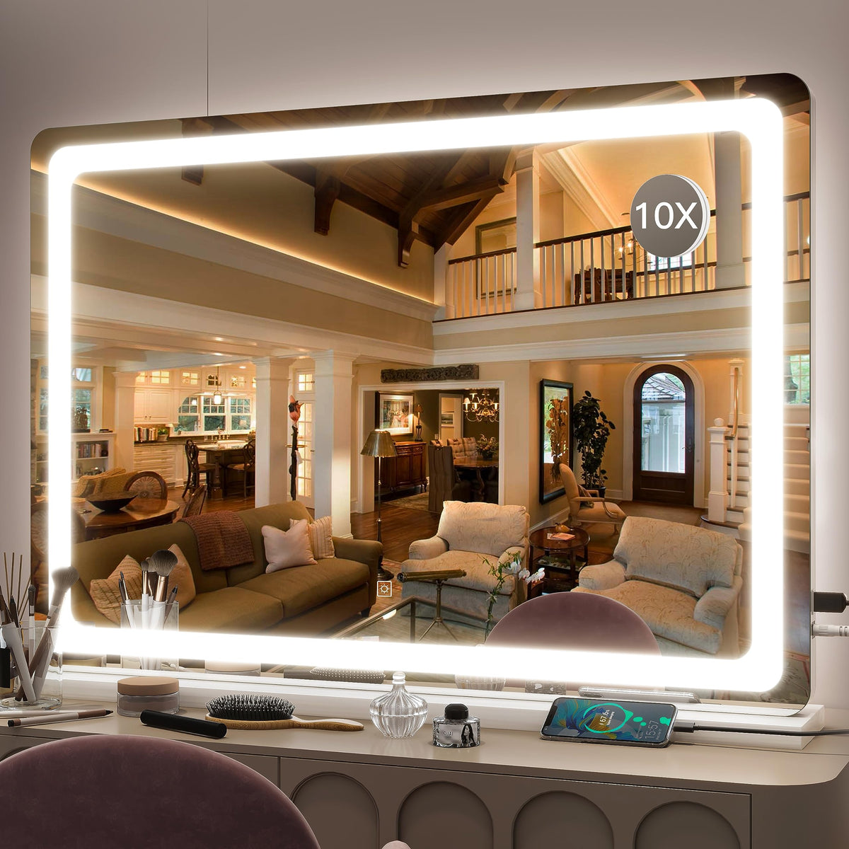 FENNIO Vanity Mirror with Lights 22''x18'' Makeup Mirror with Lights,Lighted Makeup Mirror with 10X Magnification and USB，Smart Touch Screen with 3-Color Lighting,Dimmable（Square White）