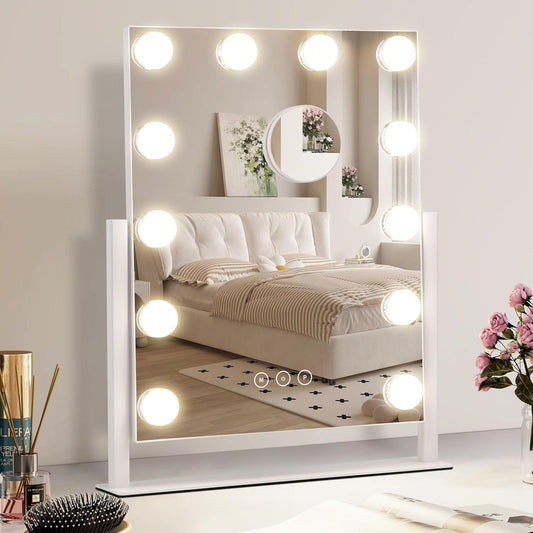 Vanity Makeup Mirror with Lights,3 Color Lighting Modes Detachable 10X Magnification Mirror Touch Control,360°Rotation, White (14.6Inch)