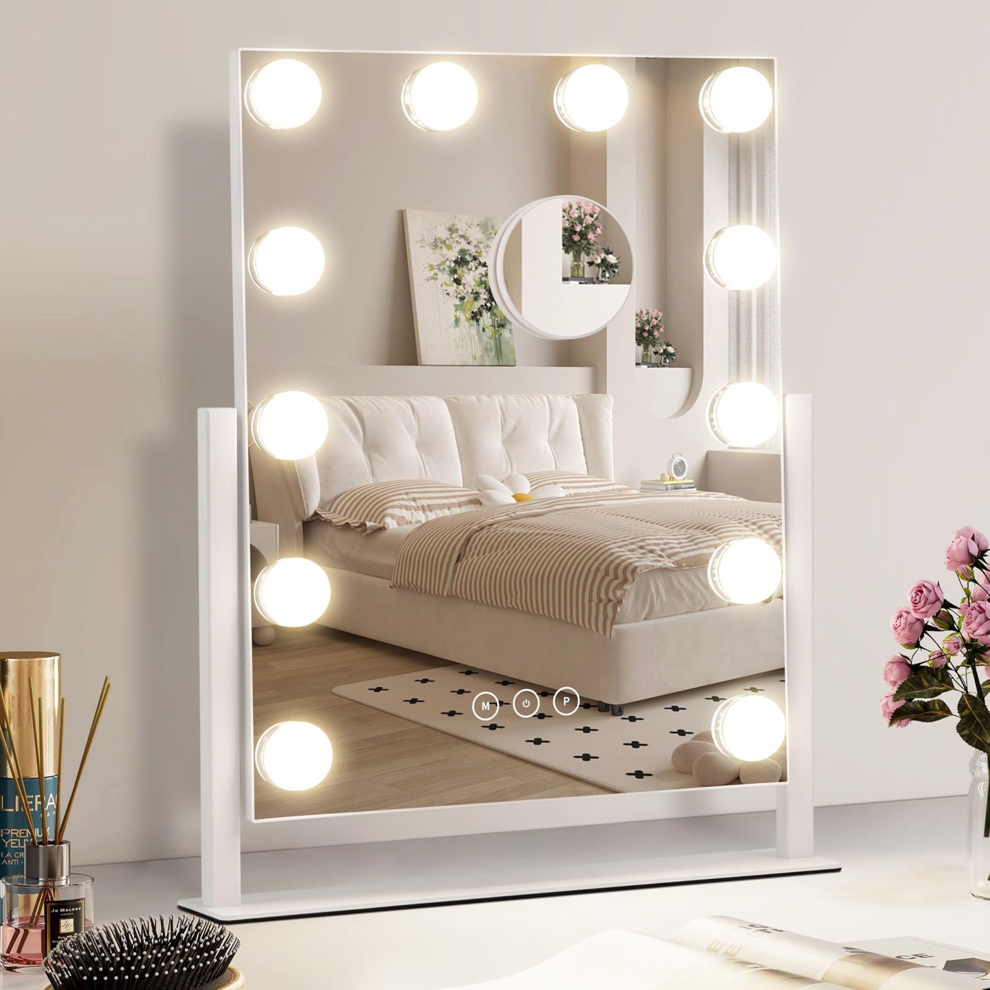 Vanity Mirror with Lights, Makeup Mirror with Lights,3 Color Lighting Modes Detachable 10X Magnification Mirror Touch Control,360°Rotation, White.