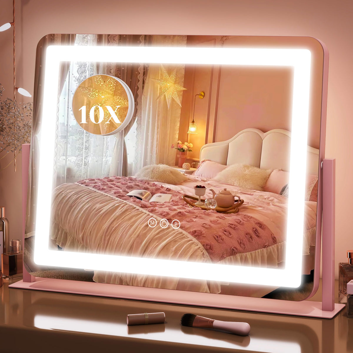 FENNIO Vanity Mirror with Lights 22''x18'' Makeup Mirror with Lights,Lighted Makeup Mirror with 10X Magnification and USB，Smart Touch Screen with 3-Color Lighting,Dimmable（Square White）