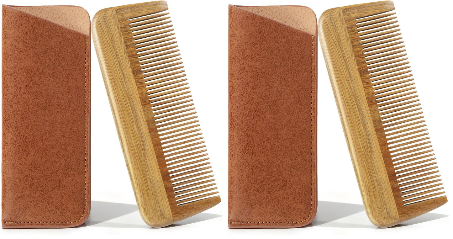 Onedor Handmade 100% Natural Green Sandalwood Wooden Comb for Men Hair, Beard, and Mustache Styling Pocket Comb With Leather Case (Long)