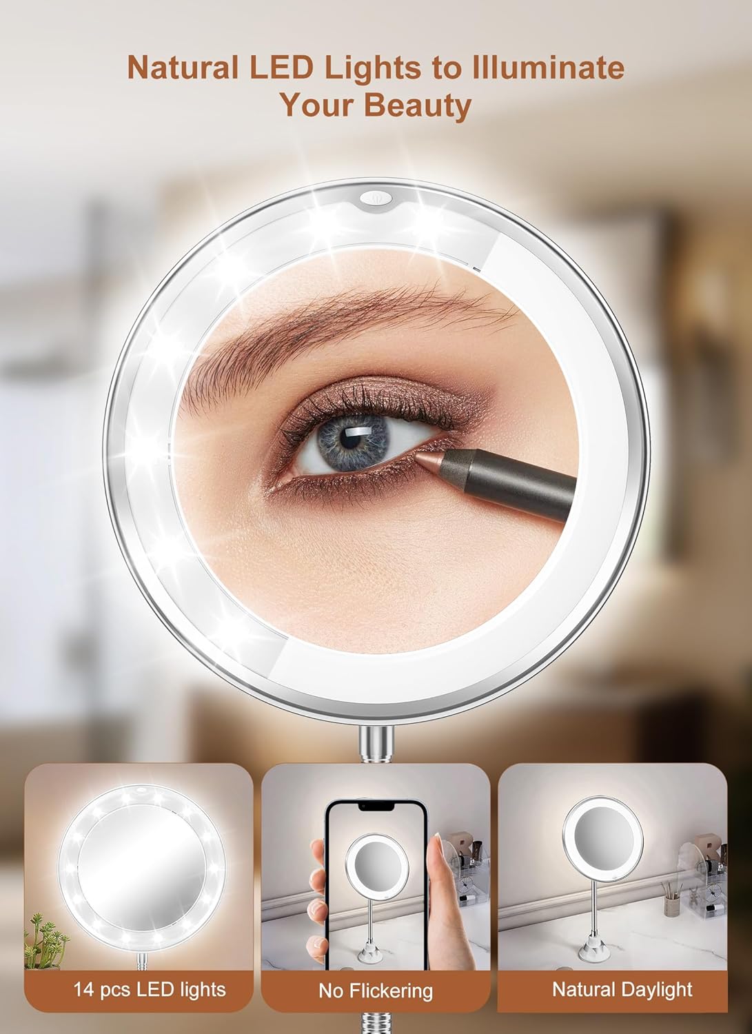 10x Magnifying Mirror with Light, Flexible Gooseneck Travel Make up Mirror | Wall Mount Mirror with Lights and Magnification, Battery Operated Cordless with Suction Cups for Bathroom Silver 1 Lighting
