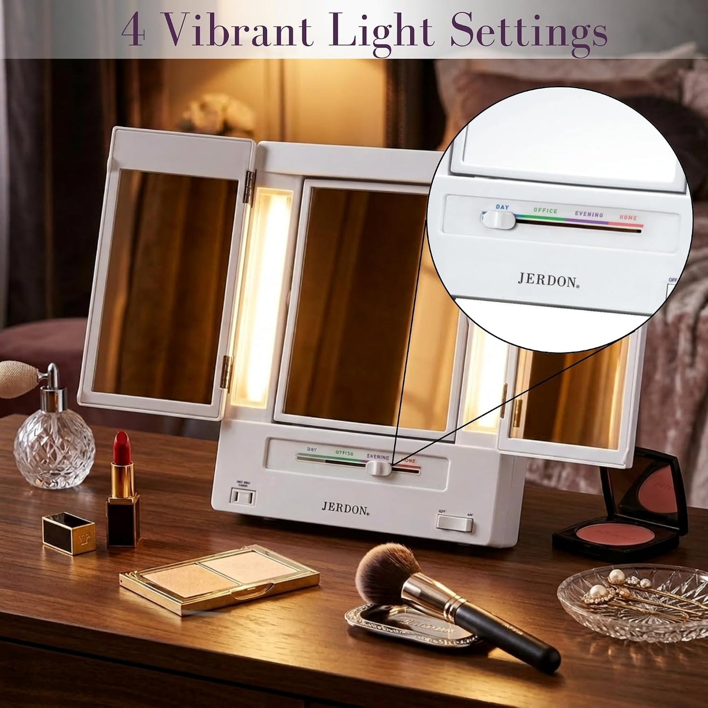 JERDON Lighted Makeup Mirror with 5X Magnification - White - JGL9W | Tri-Fold Two-Sided Design, Multiple Light Settings