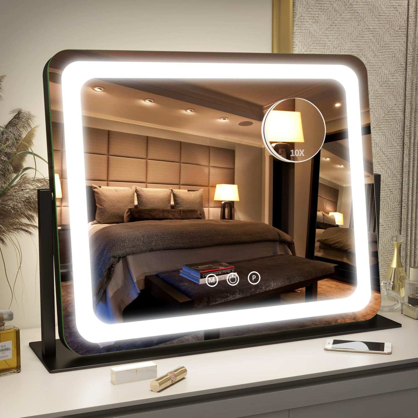 FENNIO Vanity Mirror with Lights 22''x18'' Makeup Mirror with Lights,Lighted Makeup Mirror with 10X Magnification and USB，Smart Touch Screen with 3-Color Lighting,Dimmable（Square White）