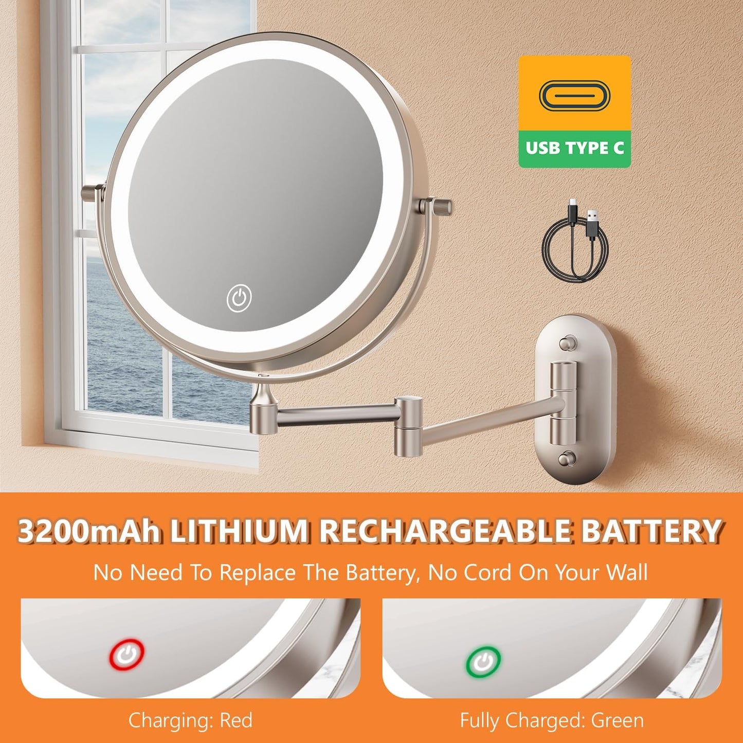 Auxmir 1X/30X Wall Mounted Makeup Mirror, 8" Rechargeable Magnifying Mirror | double-sided button, 3200mAh, 3 dimmable colors, 360° rotation, extended arm, 30X magnification, bathroom, nickel