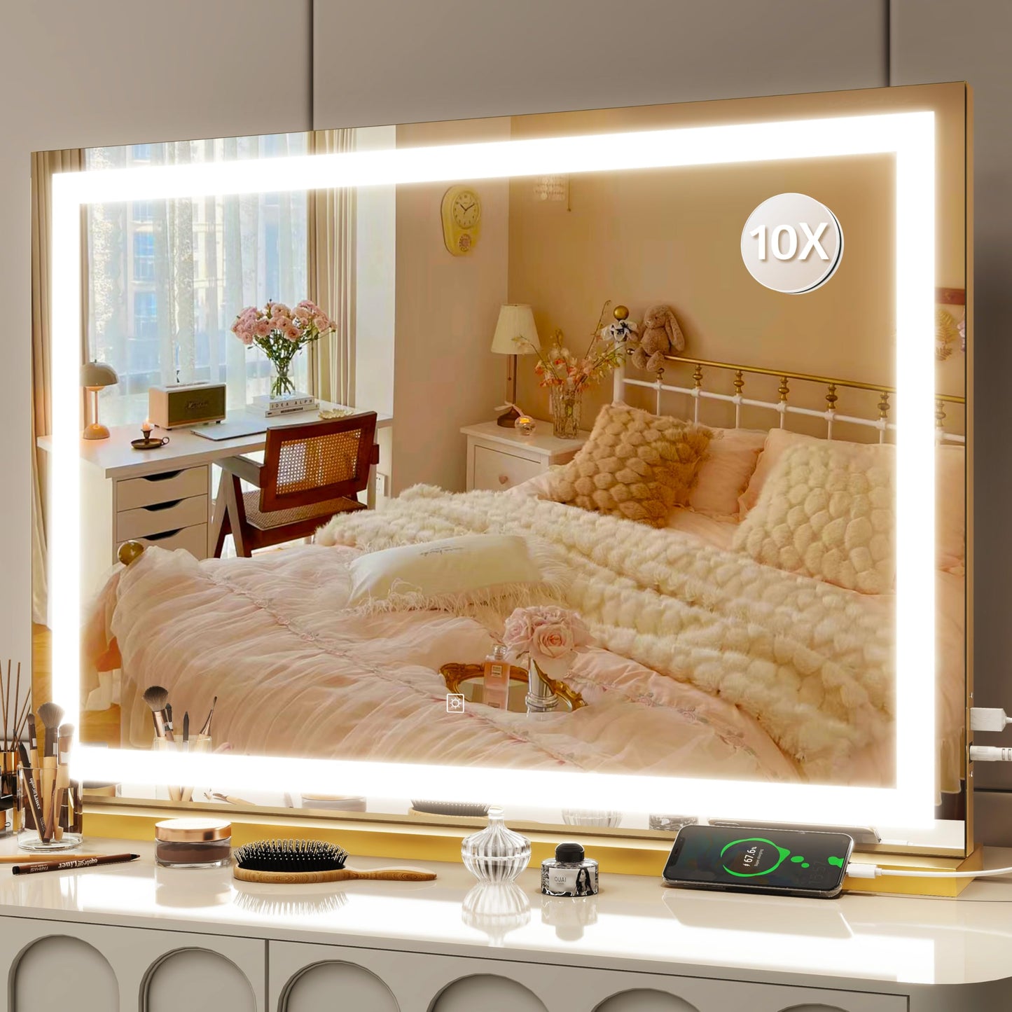FENNIO Vanity Mirror with Lights 22''x18'' Makeup Mirror with Lights,Lighted Makeup Mirror with 10X Magnification and USB，Smart Touch Screen with 3-Color Lighting,Dimmable（Square White）