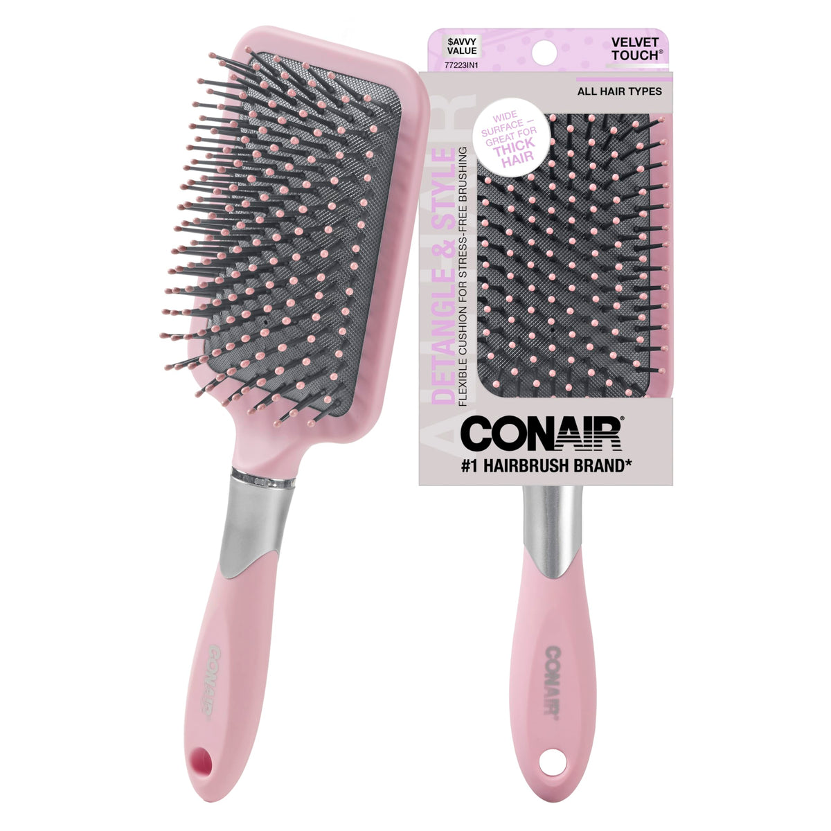 Conair Paddle Hair Brush, Ultra Wide Detangling Design for Thick Hair | Paddle detangler brush with ball-tipped bristles, a soft-touch handle, and a flexible cushion base for stress-free brushing