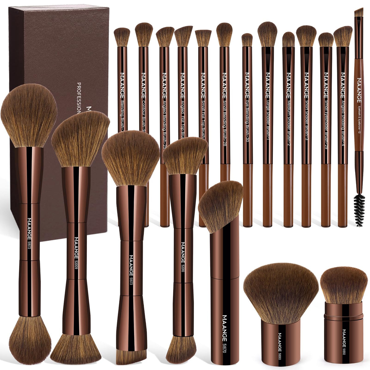MAANGE 20 Pcs Makeup Brushes with Gift Box, Double-End Multi-functional Makeup Brushes for Blending Liquid Powder Concealer Cream Blush Buffe,CoffeeBrown