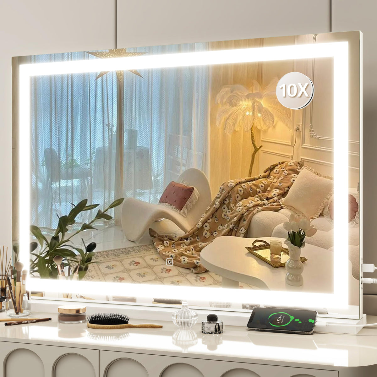 FENNIO Vanity Mirror with Lights 22''x18'' Makeup Mirror with Lights,Lighted Makeup Mirror with 10X Magnification and USB，Smart Touch Screen with 3-Color Lighting,Dimmable（Square White）