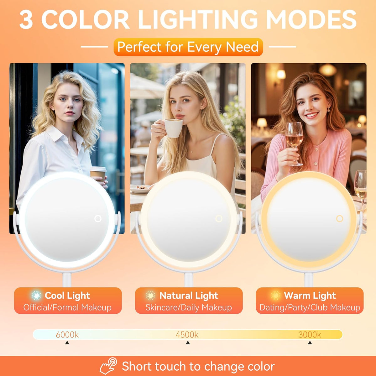 Auxmir 30X/1X Detachable Makeup Mirror with Lights, 3-Color Dimmable Lights | 64 LEDs, 3-Color Dimmable, Dual-Side Touch Control, 360° Rotation, 2000mAh Rechargeable, Detachable Design for Travel