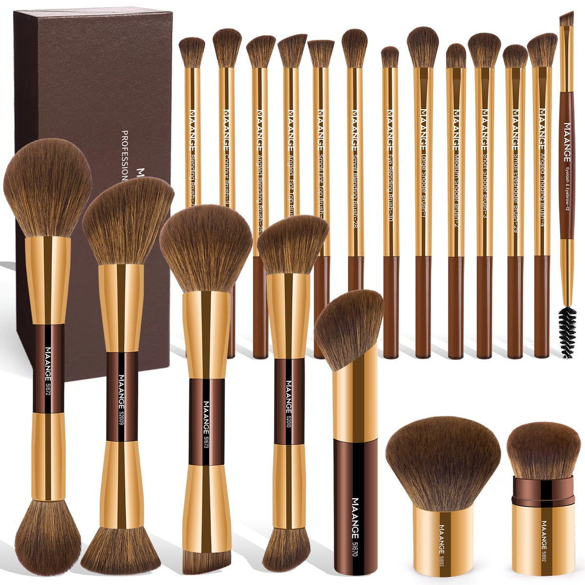 MAANGE 20 Pcs Makeup Brushes with Gift Box, Double-End Multi-functional Makeup Brushes for Blending Liquid Powder Concealer Cream Blush Buffe,Champagne
