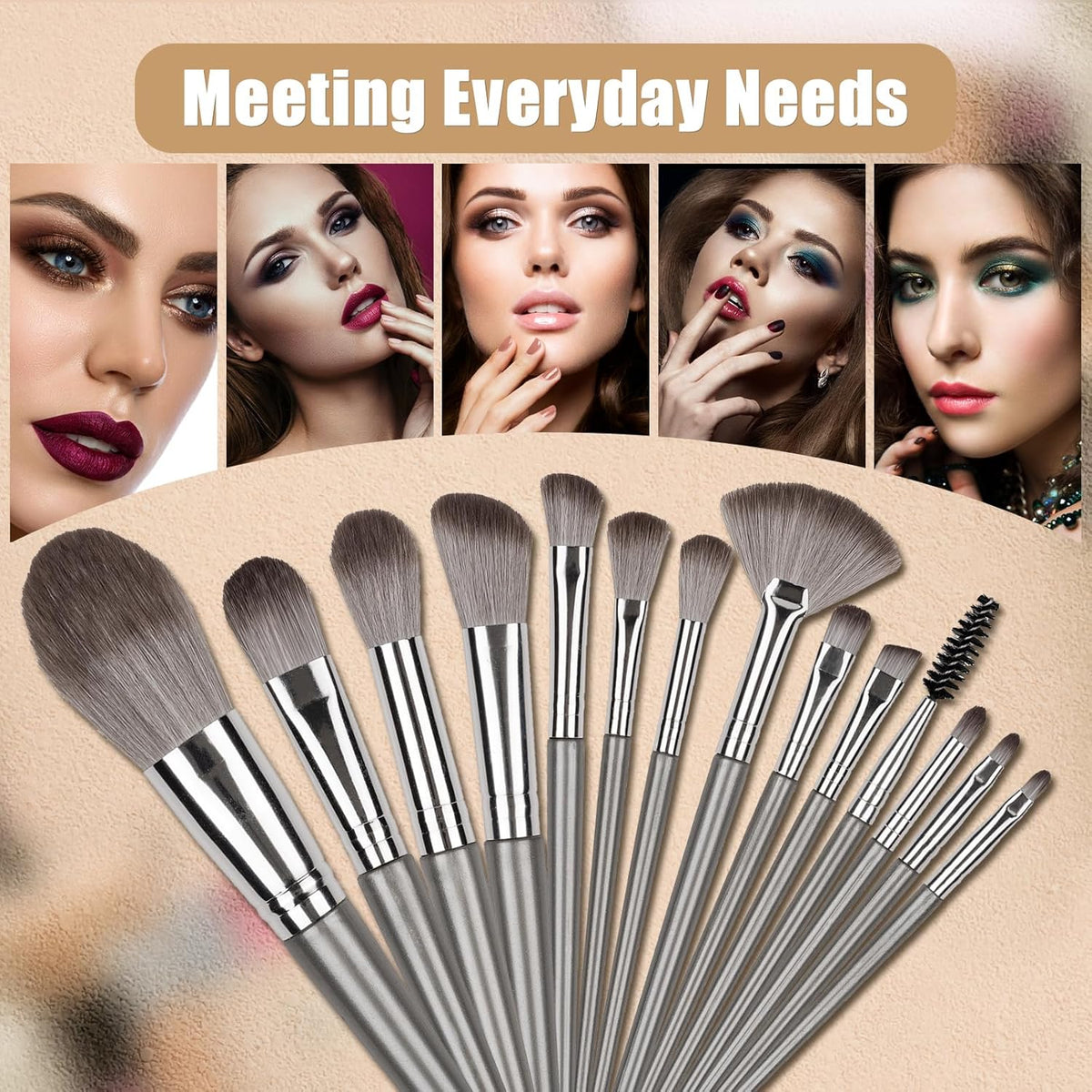Amrules 14 Pcs Professional Makeup Brush Set, with PU Bag, Grayish | Makeup brushes, including eye and face foundation brush sets, eyeshadow brushes and other makeup brushes, ideal for beginners