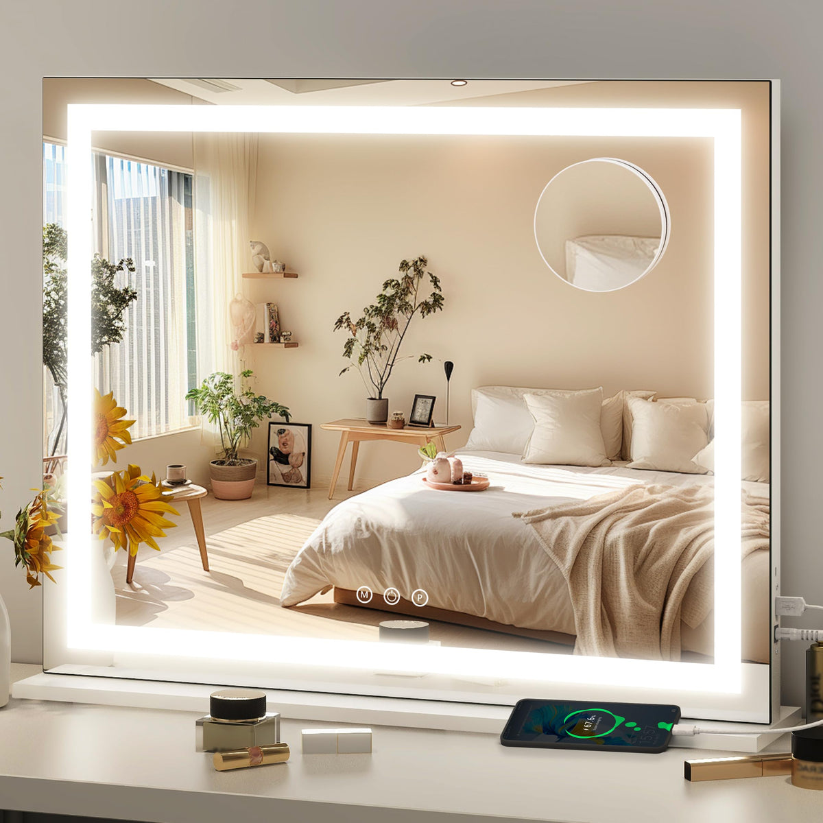 FENNIO Vanity Mirror with Lights 22''x18'' Makeup Mirror with Lights,Lighted Makeup Mirror with 10X Magnification and USB，Smart Touch Screen with 3-Color Lighting,Dimmable（Square White）