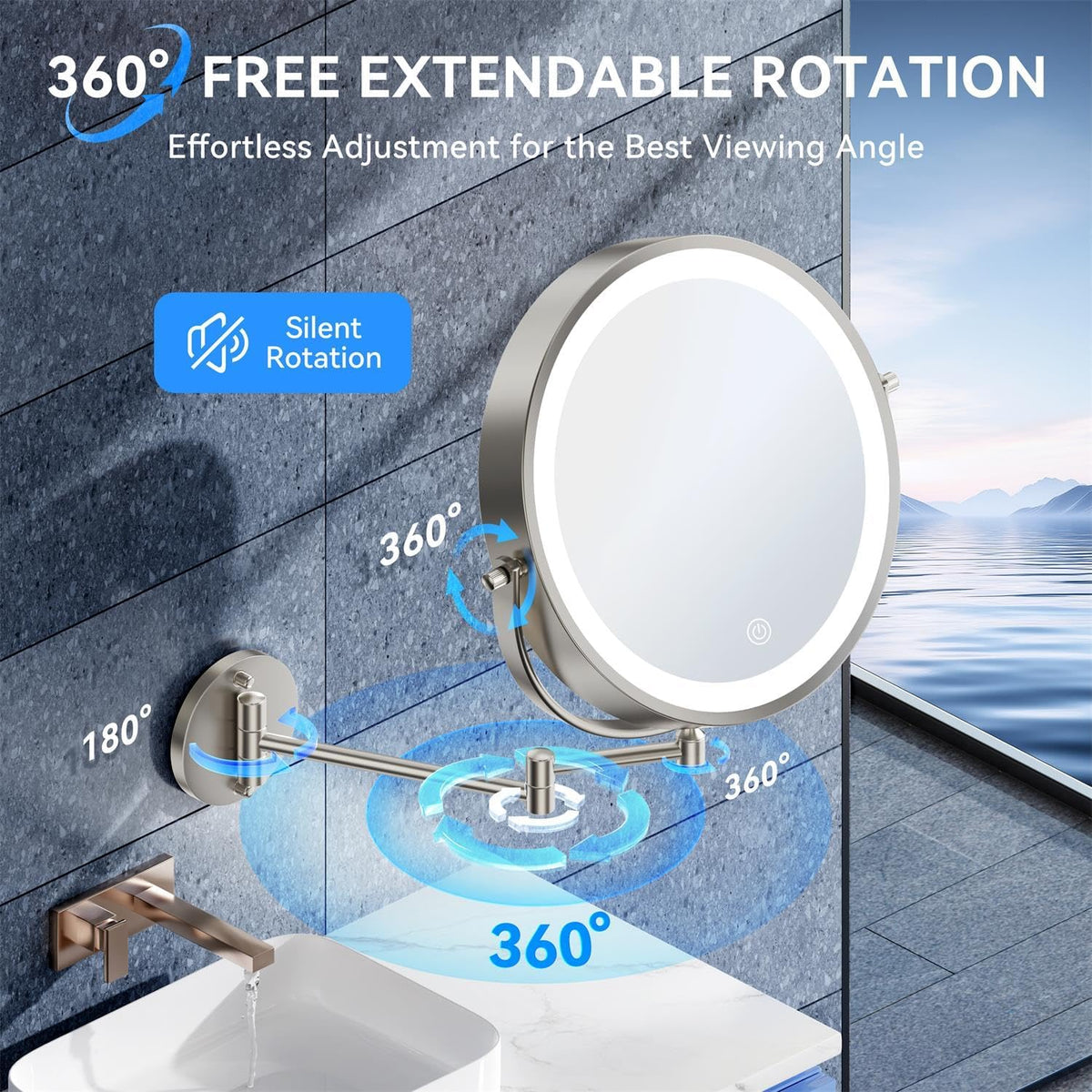 Auxmir 9″ 5000mAh 1X/30X Wall Mounted Lighted Magnifying Makeup Mirror | Power Adapter&2 Tweezers Included/ 3 Dimmable Colors/ Dual Sided Button Control/ Rechargeable/ 360° Rotation/ Nickel