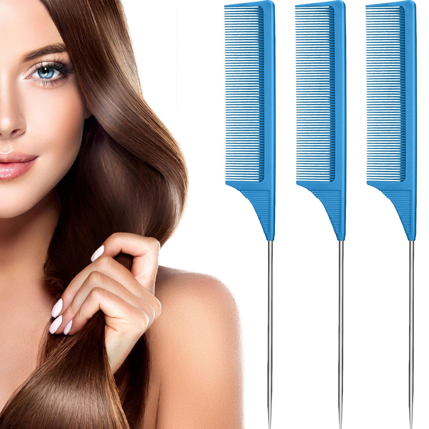 Leinuosen 3 Pack 9 Inch Rat Tail Comb with Metal Pick, Carbon Fiber,Pink | Heat Resistant Styling, Lightweight Sectioning, Fine Tooth for Precise Parting, Teasing Tool for Wigs and Women Haircare