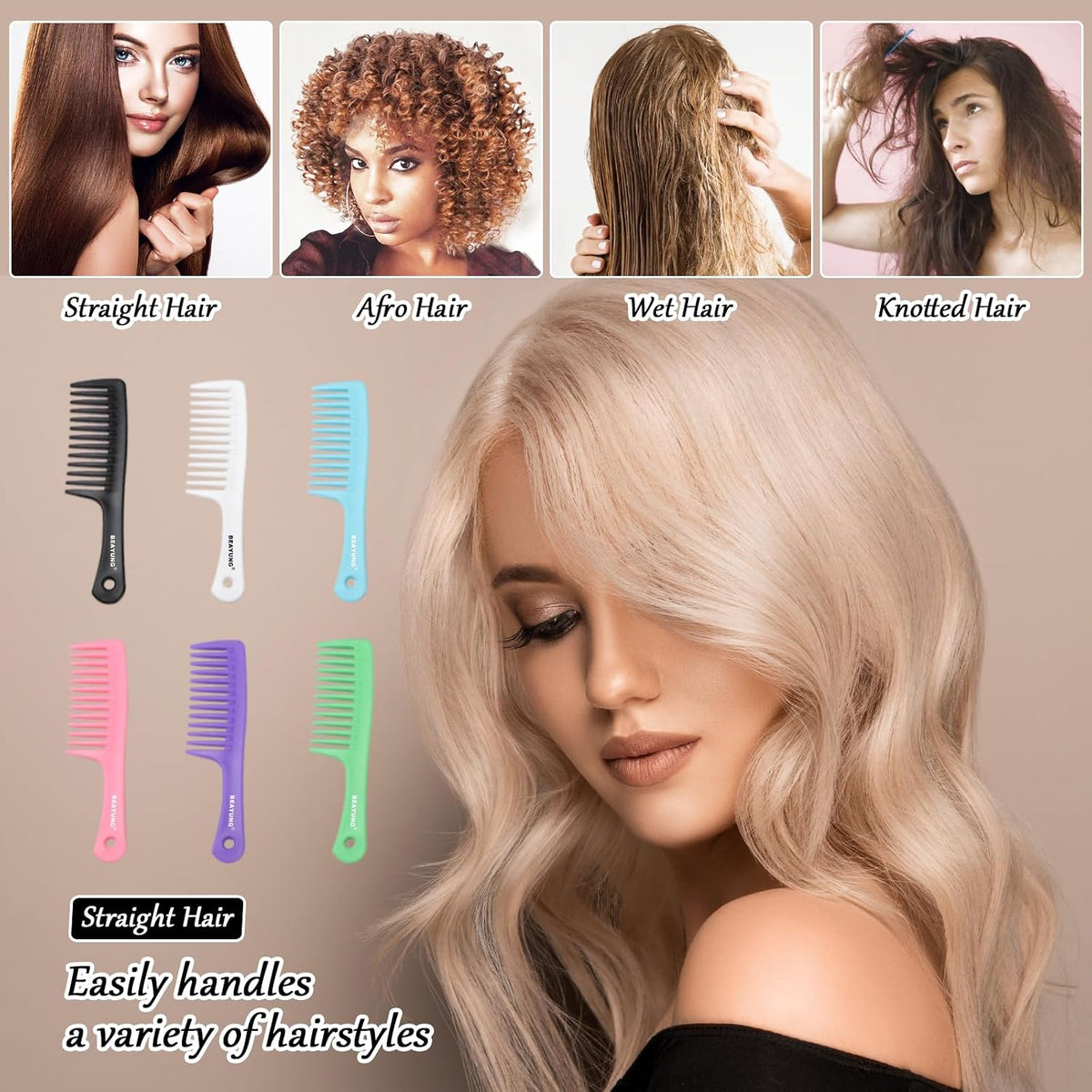 2PCS Large Wide Tooth Comb, Shower Combs, Hair comb for wet curly hair, Durable Hair Brush for Best Styling and Professional Hair Care(1Black,1White)