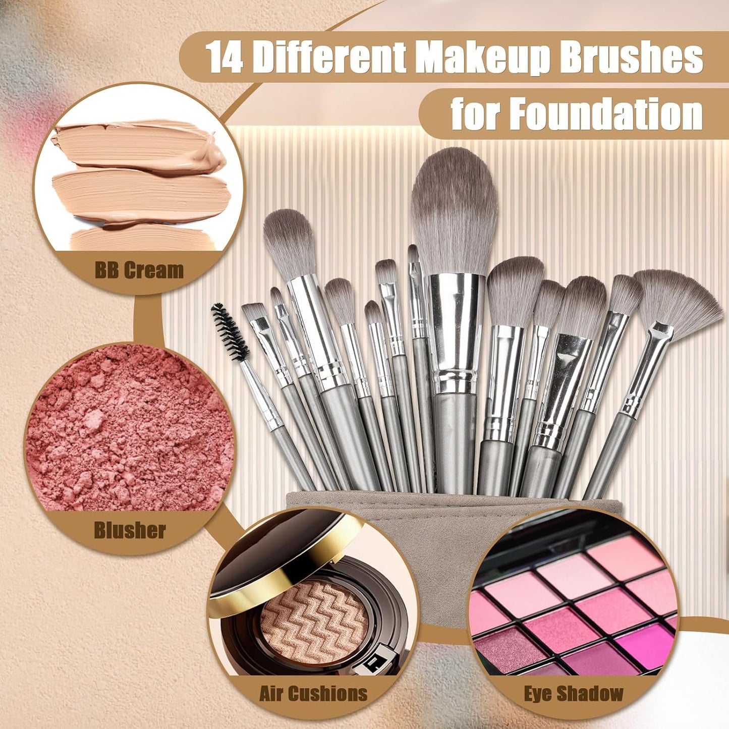 Amrules 14 Pcs Professional Makeup Brush Set, with PU Bag, Grayish | Makeup brushes, including eye and face foundation brush sets, eyeshadow brushes and other makeup brushes, ideal for beginners