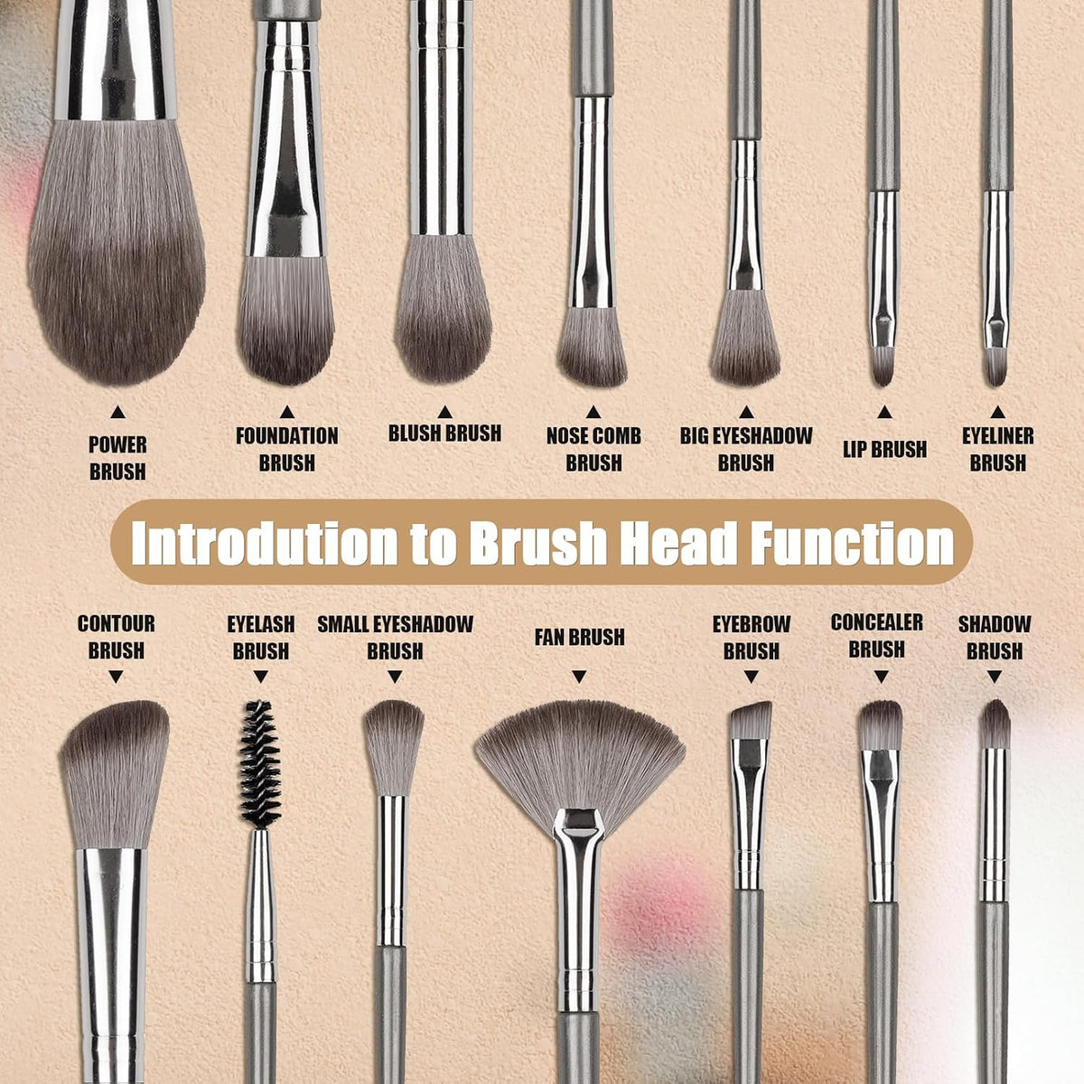 Amrules 14 Pcs Professional Makeup Brush Set, with PU Bag, Grayish | Makeup brushes, including eye and face foundation brush sets, eyeshadow brushes and other makeup brushes, ideal for beginners