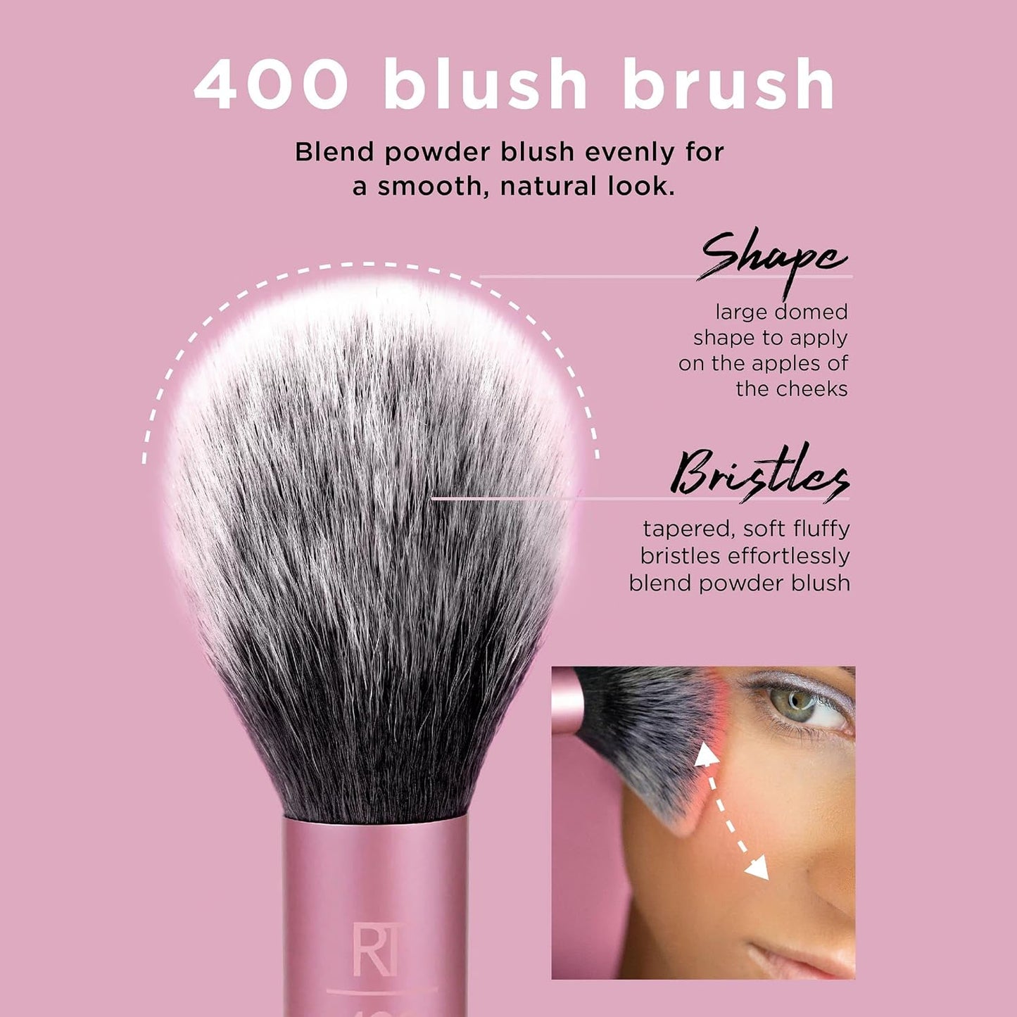 Real Techniques Ultra Plush Blush Makeup Brush, For Loose, Cream, or Pressed Blush, Rosy Glow Cheeks, Fluffy Powder Brush, Aluminum Ferrules, Synthetic Bristles, Vegan & Cruelty Free, 1 Count | Rosy glow cheeks with a blush brush for cheeks, powder bronze