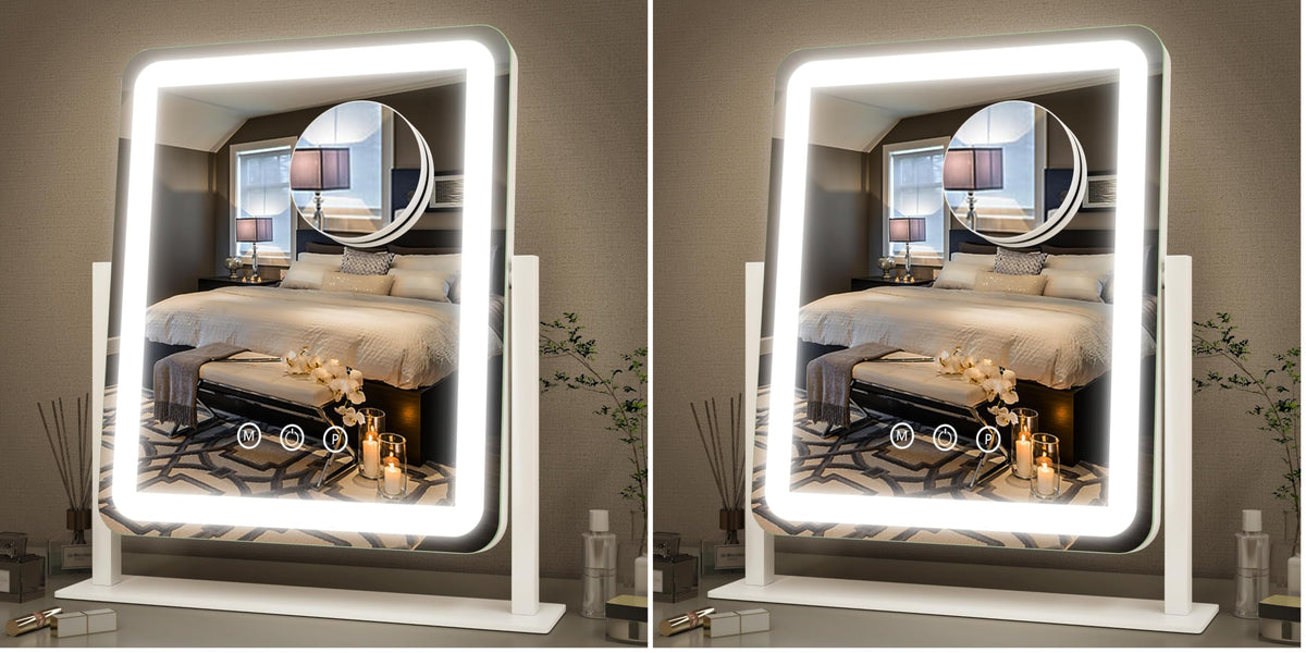 FENNIO Vanity Mirror with Lights 22''x18'' Makeup Mirror with Lights,Lighted Makeup Mirror with 10X Magnification and USB，Smart Touch Screen with 3-Color Lighting,Dimmable（Square White）