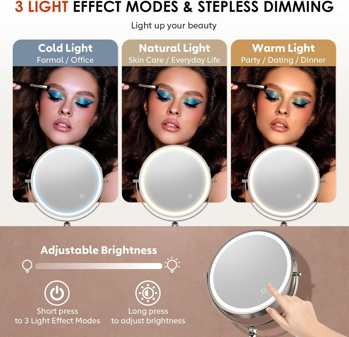 ZLOKLA 9" Wall Mounted Lighted Makeup Mirror,4000mAh Rechargeable Double Sided 1X/30X Magnifying Mirror with Light,Touch Dimmable,Extended Arm 360 Rotation Wall Mounted Makeup Mirror 3 Color Lights-N