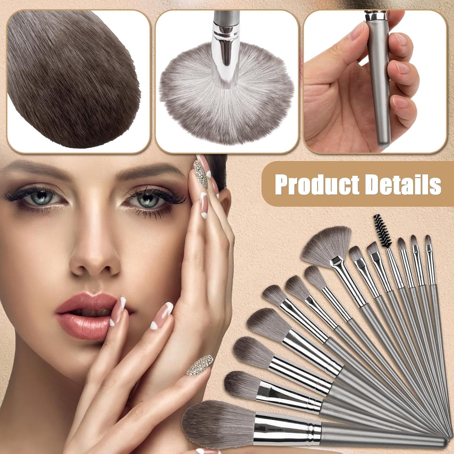 Amrules 14 Pcs Professional Makeup Brush Set, with PU Bag, Grayish | Makeup brushes, including eye and face foundation brush sets, eyeshadow brushes and other makeup brushes, ideal for beginners