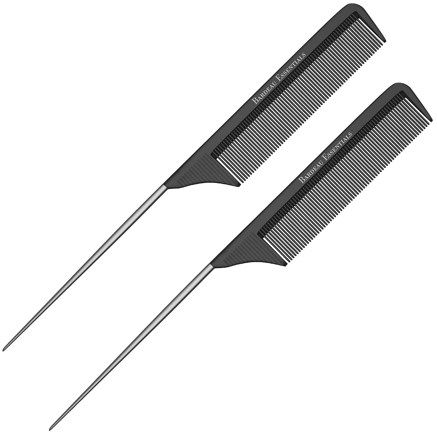 Professional 8.8 Inch Tail Comb (2 Pack) - Black Carbon Fiber And Stainless Steel Tail Comb - Anti Static And Heat Resistant - Lightweight For All Hair Types By Bardeau Essentials