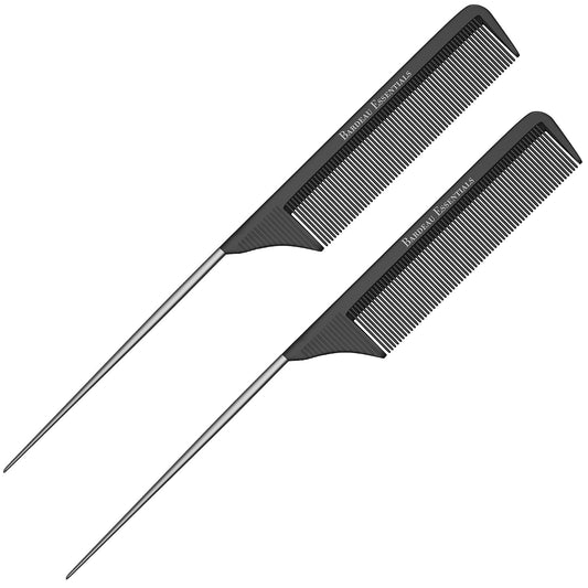 Professional 8.8 Inch Tail Comb (2 Pack) - Black Carbon Fiber And Stainless Steel Tail Comb - Anti Static And Heat Resistant - Lightweight For All Hair Types By Bardeau Essentials