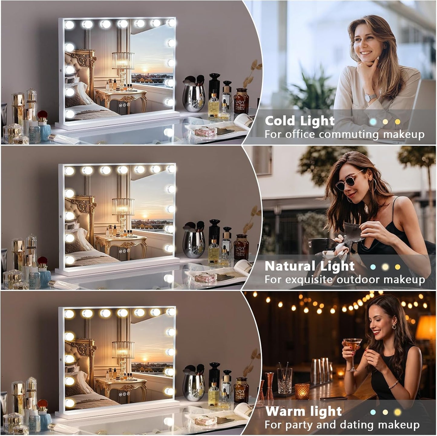FENCHILIN Vanity Mirror with Lights, Hollywood Lighted Makeup Mirror with 15 Dimmable LED Bulbs for Dressing Room & Bedroom, Slim Metal Frame Design, Tabletop White