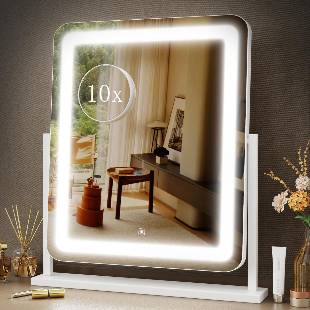 Gvnkvn Lighted Makeup Mirror, Hollywood Vanity Mirror with Lights, Three Color Lighting Modes, and Detachable 10X Magnification Mirror, Smart Touch Control, 360°Rotation (15.2in. Gold)