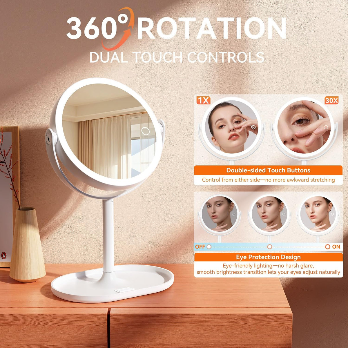 Auxmir 30X/1X Detachable Makeup Mirror with Lights, 3-Color Dimmable Lights | 64 LEDs, 3-Color Dimmable, Dual-Side Touch Control, 360° Rotation, 2000mAh Rechargeable, Detachable Design for Travel