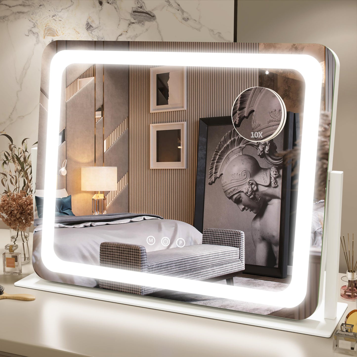FENNIO Vanity Mirror with Lights 22''x18'' Makeup Mirror with Lights,Lighted Makeup Mirror with 10X Magnification and USB，Smart Touch Screen with 3-Color Lighting,Dimmable（Square White）