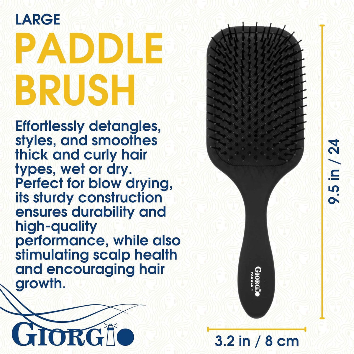 Giorgio Detangling Paddle Brush - Large Air Cushion Paddle Brush with Ball Tip Tourmaline Bristles - Anti Static Hair Care Tool for Men and Women, Wet or Dry - Black