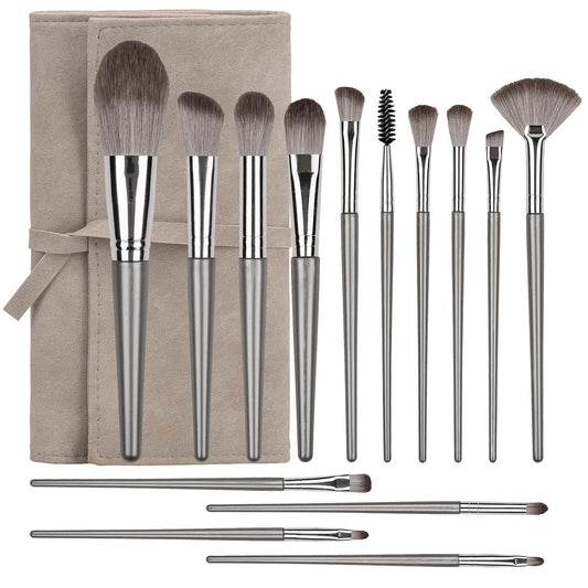 Amrules 14 Pcs Professional Makeup Brush Set, with PU Bag, Grayish | Makeup brushes, including eye and face foundation brush sets, eyeshadow brushes and other makeup brushes, ideal for beginners