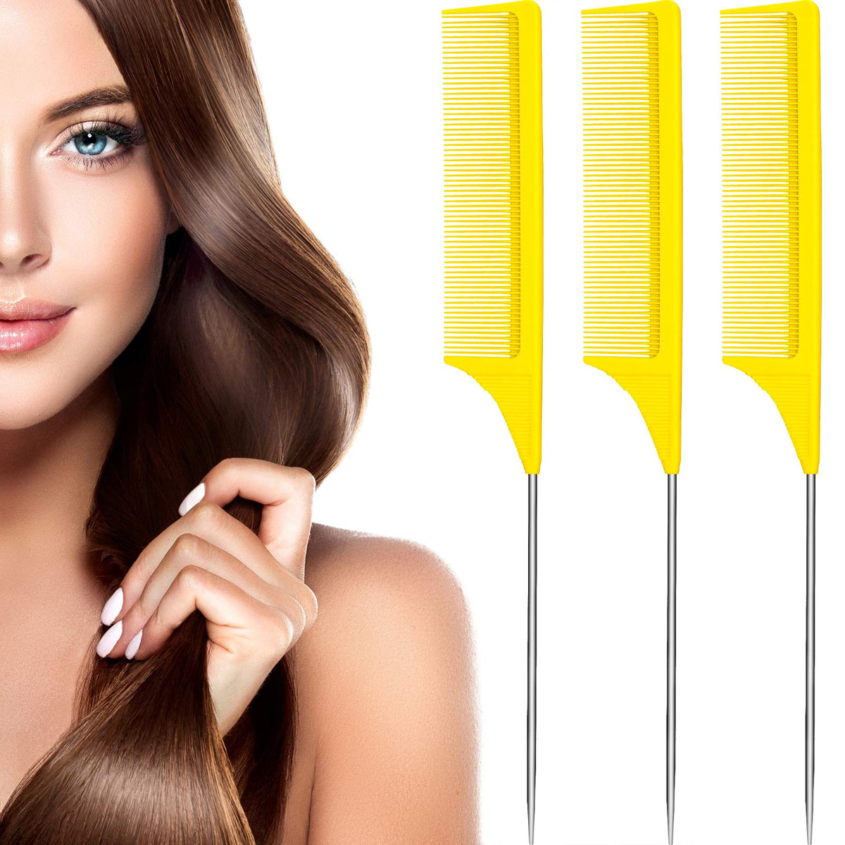 Leinuosen 3 Pack Rat Tail Comb Carbon Fiber,Black | Steel Pin Tail for Sectioning, Heat Resistant Teasing, Pick Comb for Women Wig Styling, Fishtail Design for Salon Updos