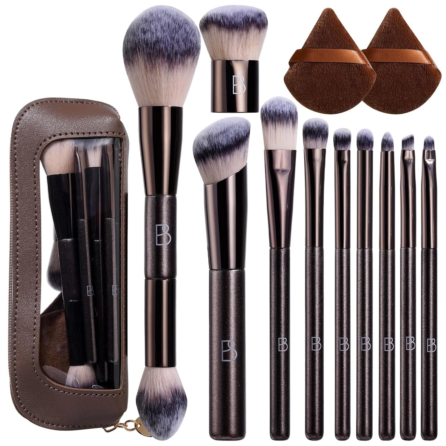 Travel Makeup Brush Set BS-MALL Ultra-Soft Synthetic Bristles Eyeshadow Brush, Foundation Brush for Liquid Makeup, Double-ended Travel Bag & Triangle Puff - Travel-friendly Multi-purpose Kit 10 Pcs
