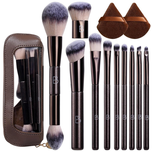 Travel Makeup Brush Set BS-MALL Ultra-Soft Synthetic Bristles Eyeshadow Brush, Foundation Brush for Liquid Makeup, Double-ended Travel Bag & Triangle Puff - Travel-friendly Multi-purpose Kit 10 Pcs