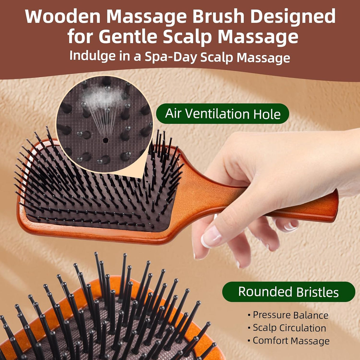 Wooden Hair Brush –Detangling Air Cushion Paddle, Anti-Static, Reduces Breakage, for Curly & Straight Hair, Wet & Dry Use for Women Men All Hair Types