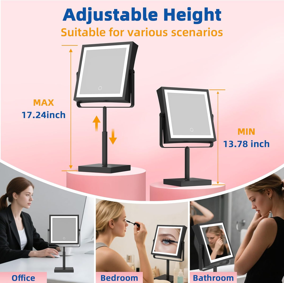Ruacq Makeup Mirror with Lights 1X/10X Height Adjustable Matte Black | 8",4000mAh Rechargeable,Dual Sided Magnifying Vanity Mirror,3 Color Lights,Adjustable Brightness,Square,Gift for Women