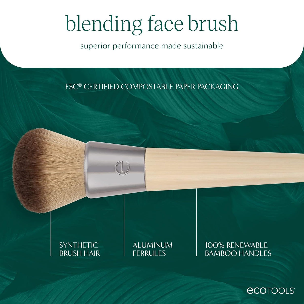 EcoTools Blending Face Makeup Brush for Foundation & Blush, 1 Count | Seamless base with a foundation brush for liquid makeup, dense synthetic bristles, face brush and vegan