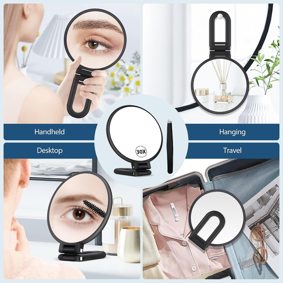 30X Magnifying Mirror, Hand Mirror with Handle, Double Sided Hand Mirror with 30X/1X Magnification, Travel Essential Portable Foldable Makeup Mirror for Precision Makeup Black