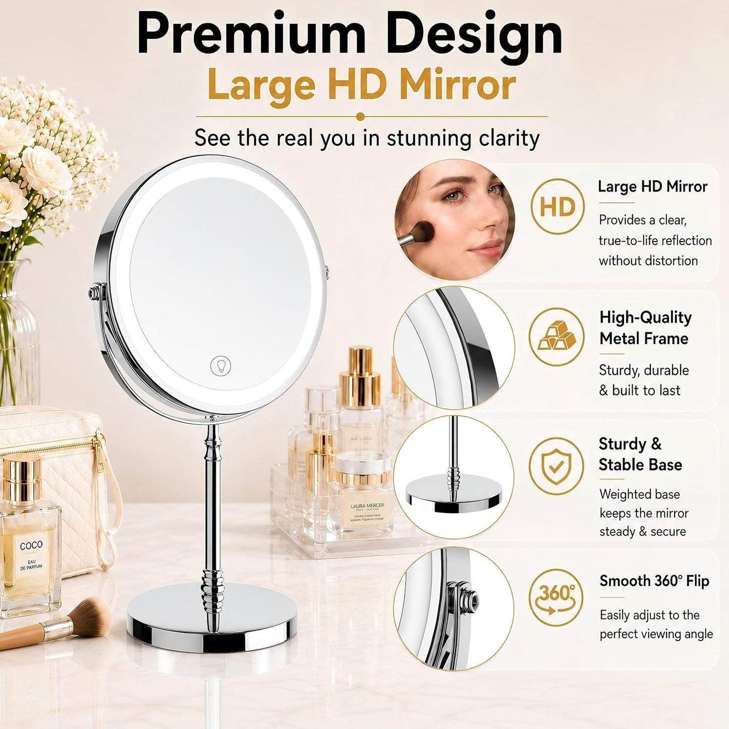 DEIOVWXS Makeup Mirror, Rechargeable Vanity Mirror with 3 Lights, 1X/10X | Adjustable Brightness, 3000mAh, Double-Sided, Gift for Mom, Women, Wife, Girls, Dorm Room Essential