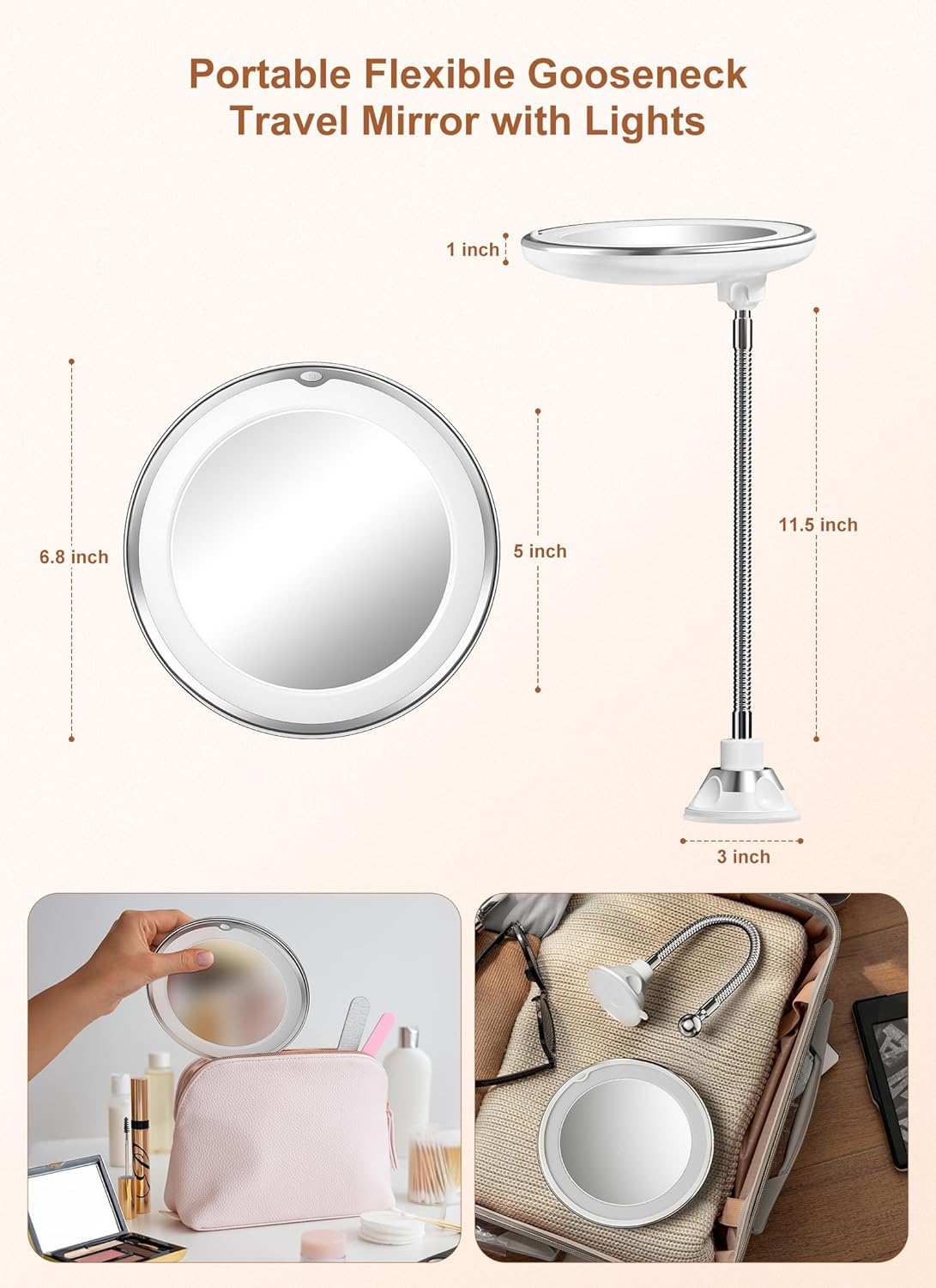 10x Magnifying Mirror with Light, Flexible Gooseneck Travel Make up Mirror | Wall Mount Mirror with Lights and Magnification, Battery Operated Cordless with Suction Cups for Bathroom Silver 1 Lighting