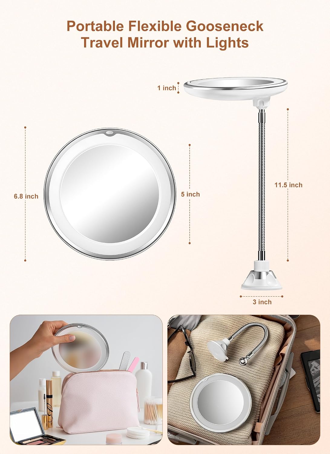 10x Magnifying Mirror with Light, Flexible Gooseneck Travel Make up Mirror | Wall Mount Mirror with Lights and Magnification, Battery Operated Cordless with Suction Cups for Bathroom Silver 1 Lighting