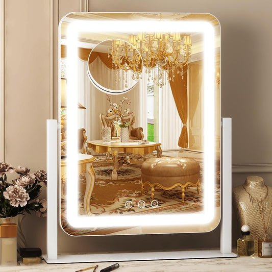 FENNIO Vanity Mirror with Lights, 13" W x 17" H, LED Makeup Mirror, White | Rounded-edge LED desk mirror with 3-color touch dimming, detachable 10X mirror and 360° tilt; plug-in only, for dorm rooms.
